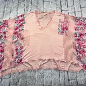 POL Small Pink Floral Crochet Oversize Boxy Short sleeve Top boho Festival Chic